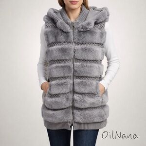 Mitchie’s Genuine Rabbit Fur Hooded Knit Long Vest Gray Size S